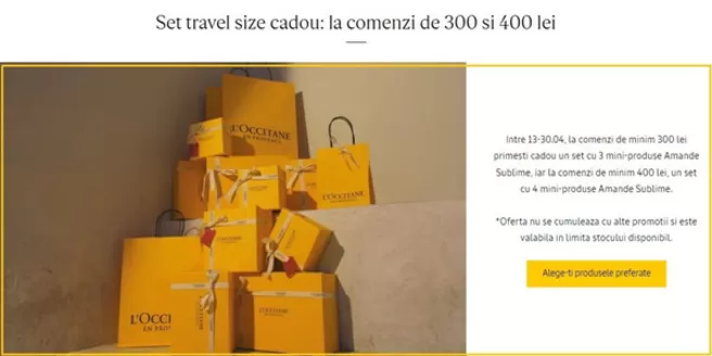 Catalog L'Occitane Galați | Set travel size cadou, la comenzi de 300 si 400 lei | 2026-04-14T00:00:00.000Z - 2026-04-30T00:00:00.000Z