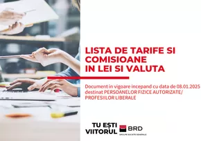 Catalog BRD Huși | Listă tarife și comisioane în Lei și Valută pentru Persoane Fizice Autorizate și Profesii Liberale | 2025-02-12T00:00:00.000Z - 2025-05-05T00:00:00.000Z